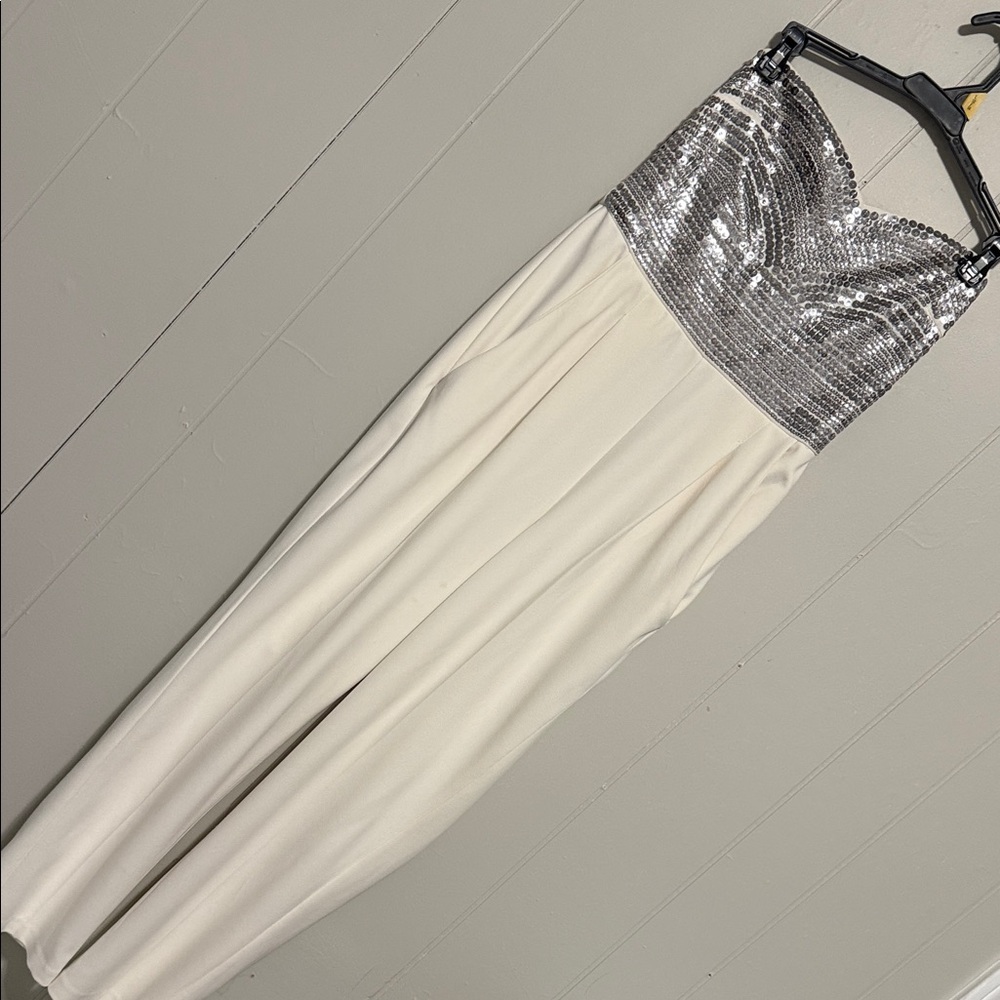 Express Cream Jumpsuit with Silver Sequin Bust
